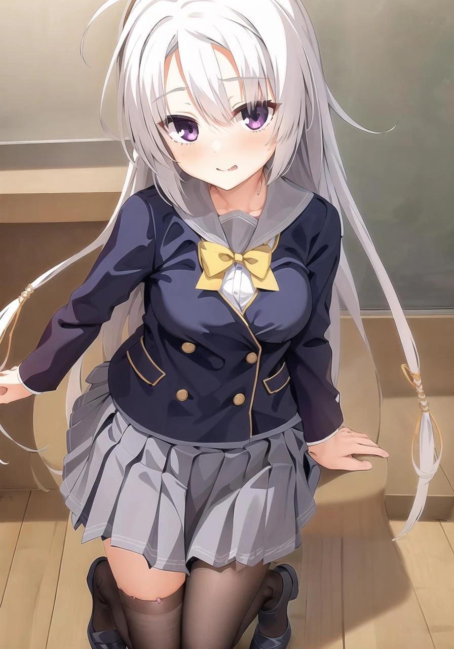 masterpiece, best quality, 1 girl <lora:ayachiNeneSanobaWitch_v2:1>, white hair, grey skirt, black_school_uniform, black_legwear , ahoge, full body, classroom
