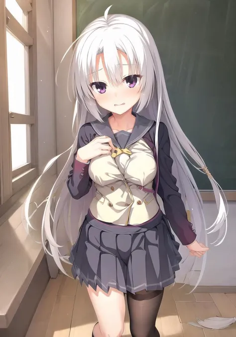 masterpiece, best quality, 1 girl <lora:ayachiNeneSanobaWitch_v2:1>, white hair, grey skirt, black_school_uniform, black_legwear , ahoge, full body, classroom