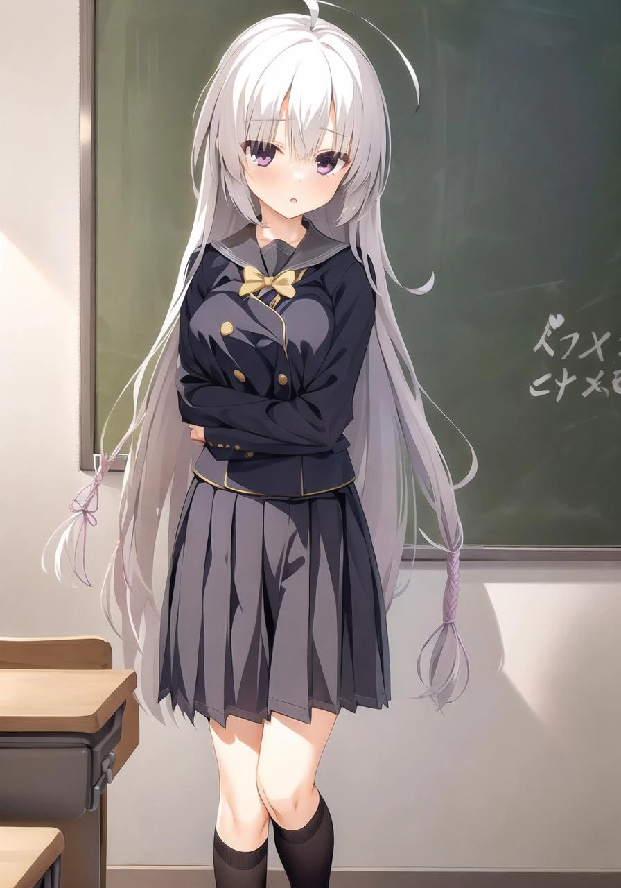 masterpiece, best quality, 1 girl <lora:ayachiNeneSanobaWitch_v2:1>, white hair, grey skirt, black_school_uniform, black_legwear , ahoge, full body, classroom