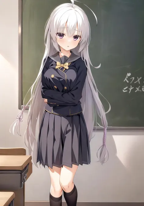 masterpiece, best quality, 1 girl  <lora:ayachiNeneSanobaWitch_v2:1>, white hair, grey skirt, black_school_uniform, black_legwear , ahoge, full body, classroom