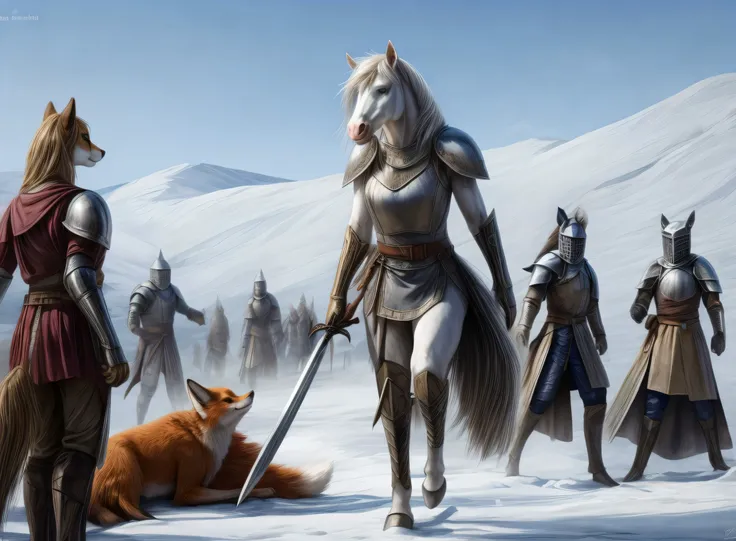 Real estate photography style,(digital artwork by Beksinski) a wounded lame anthro fox female knight walking across the battlefield,stepping over fallen comrades,barely drags a heavy bloody sword behind her,followed by a snow-white horse,Professional,inviting,well-lit,high-resolution,property-focused,commercial,highly detailed,thick furr,realsitic furr,<lora:more_details:0.5>,<lora:bloodvessel:0.3>,<lora:hairdetailer:0.8>,