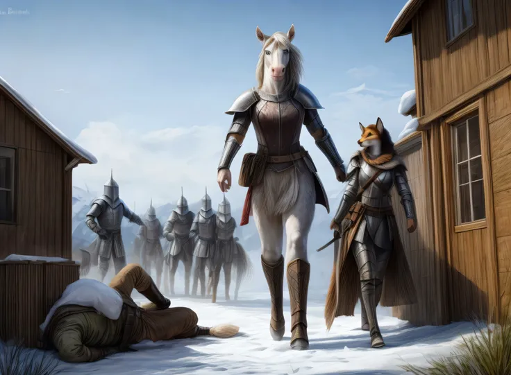 Real estate photography style,(digital artwork by Beksinski) a wounded lame anthro fox female knight walking across the battlefield,stepping over fallen comrades,barely drags a heavy bloody sword behind her,followed by a snow-white horse,Professional,inviting,well-lit,high-resolution,property-focused,commercial,highly detailed,thick furr,realsitic furr,<lora:more_details:0.5>,<lora:bloodvessel:0.3>,<lora:hairdetailer:0.8>,