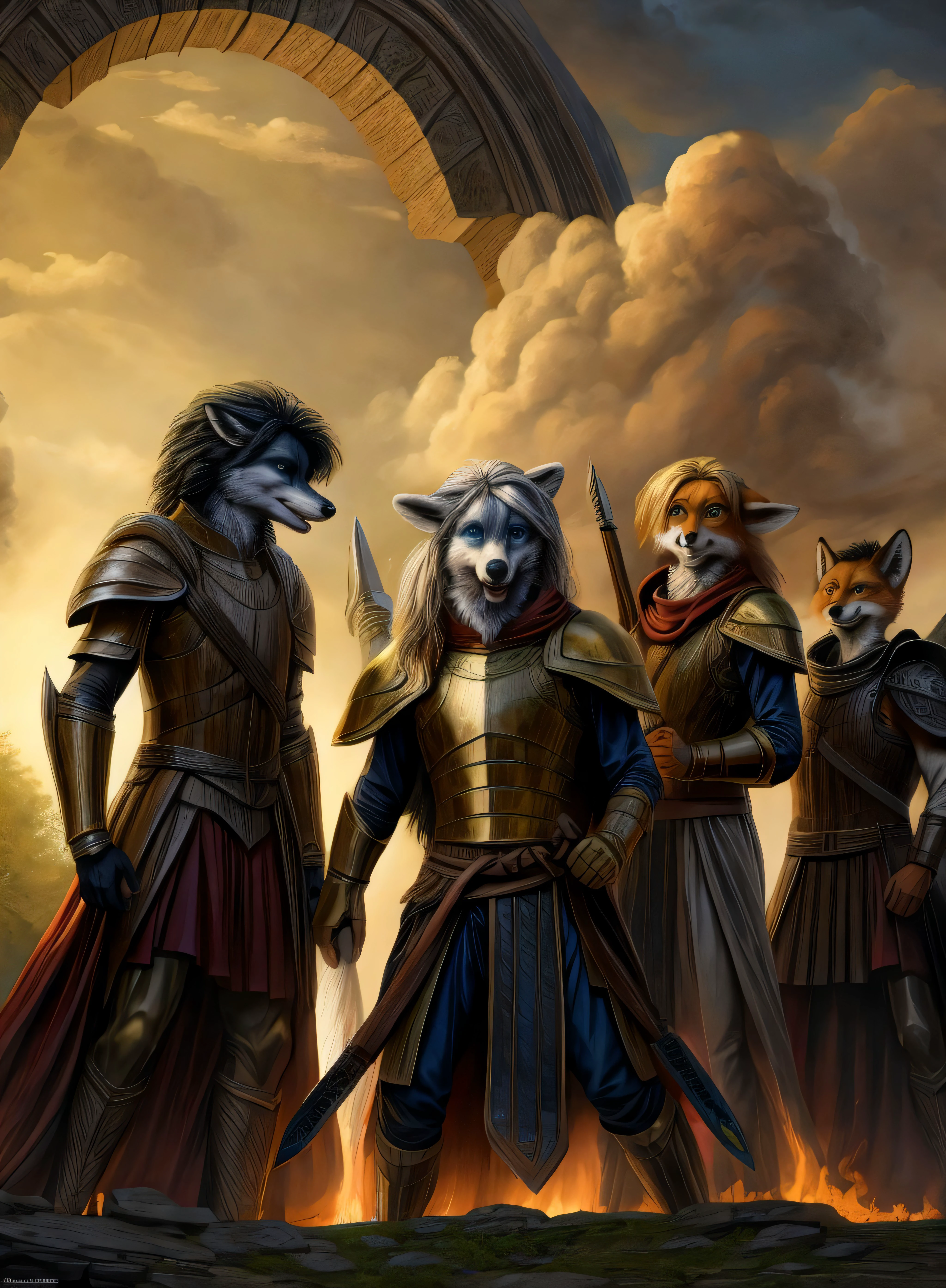 Real estate photography style,
(Best quality, 8k, 32k, Masterpiece, UHD:1.2)Photo of a Painting of a triumphant and joyful atmosphere,celebrating the victory of three heroic beautifully feminine anthro fox female warriors over their captive,who now submits to their might. The central focus is on the young anthro fox female warriorqueen,bathed in the victorious glow of the crackling campfire. Her armor,witch is rich in details and gems is partially removed,revealing a victorious and confident demeanor. Her gaze is resolute,reflecting the warm,golden light of the fire.,
Flanking her on both sides are her fellow warriors,each adorned in distinctive and illustrious armor,bearing weapons that signify their triumph. They sit tall and proud,their eyes gleaming with the joy of victory.,
At the heart of the composition is the captive,now subdued and defeated,kneeling between the two victorious warriors. Their shackles and tattered,torn and ripped attire symbolize their surrender,and their demeanor conveys their acknowledgment of defeat. This is enfored by the little amount of cloth that is left from their clothes,just barely covering the most private bodyparts.,
The painting radiates a sense of achievement and conquest,capturing the elation of the warriors in their heroic triumph. The play of light and shadow,much like Caravaggio's chiaroscuro technique,emphasizes the victorious mood,casting the warriors and the scene in a heroic,almost mythical light.,
While this painting evokes the spirit of great victories celebrated in art,it also pays homage to the heroic and triumphal themes often depicted by artists like Peter Paul Rubens and Jacques-Louis David. Their works inspire the grandeur and jubilant tone of this piece,showcasing the elven warriors' triumphant moment over their vanquished foe.,<lora:more_details:0.4>,(red and orange fur, thick fur:1.3,<lora:hairdetailer:0.8>),muscular,lean build,fluffy tail,brown eyes,fox snout,canine teeth,fangs,perfect hands,mulitcoloured hair,black hair,strawbeery coloured hair,blond hair,elaborate hair stiles,<lora:bloodvessel:0.3>