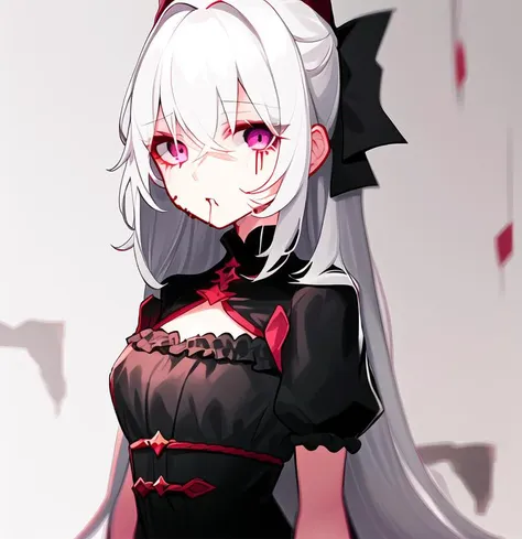 { blood drop from eyes and mouth },1 girl, black dress,blood drop from eyes and lips, 1 girl, beauty, long silver hair, pink eyes, blood rain background<lora:blood:1>