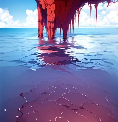 no humans, blood cloud, blood sea, 1 bird in sky, outdoors, ocean, day, scenery, water, blue sky, beach, waves, cloudy sky, reflection, horizon <lora:blood:1> <hypernet:aini:1>
