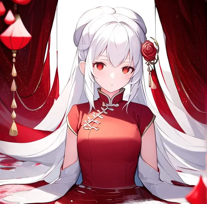 1 girl,printess snow, white background, red theme, chinese style, clean background, rose, flower, solo, red flower, dripping, red rose, blood, still life <lora:blood:1>