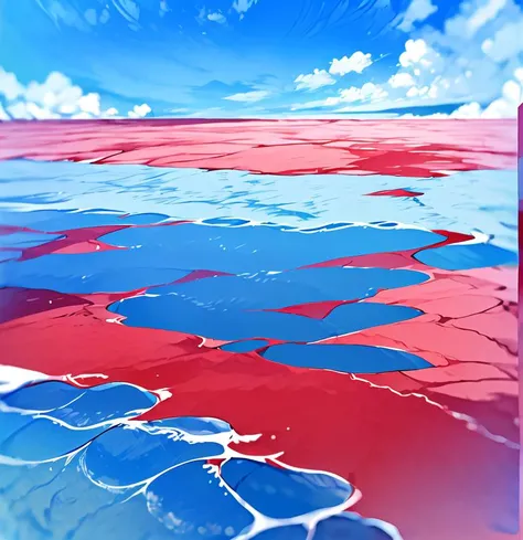 no humans, blood cloud, blood sea, 1 bird in sky, outdoors, ocean, day, scenery, water, blue sky, beach, waves, cloudy sky, reflection, horizon <lora:blood:1> <hypernet:aini:1>