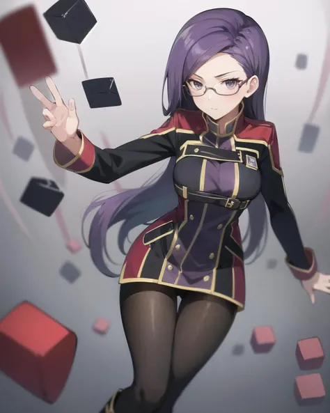 best quality, (masterpiece:1.2), illustration, absurdres, anime,
(1girl, solo), (beautiful detailed girl),
<lora:Ada-08:0.8>, Ada Grant, purple hair, long hair, medium breasts,
glasses, red school uniform, black pantyhose, black boots,
((virtual, hacker, hacking, matrix, floating cubes)),
(on side),
 (looking at viewer)