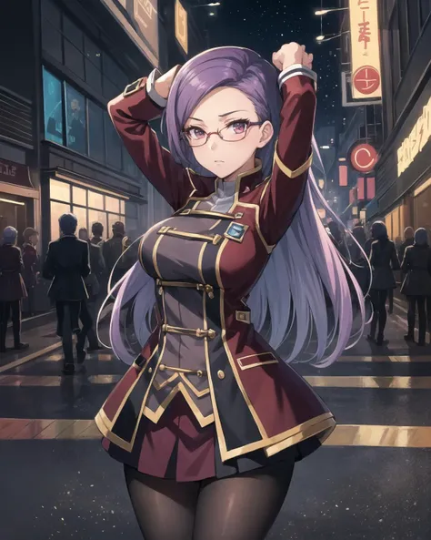 best quality, (masterpiece:1.2), illustration, absurdres, anime,
(1girl, solo), (beautiful detailed girl),
<lora:Ada-08:0.7>, Ada Grant, purple hair, long hair, medium breasts,
glasses, red school uniform, black pantyhose, black boots,
city street, modern city, neon lights, night, (cyberpunk:0.8),,
(arms up),
(looking at viewer)