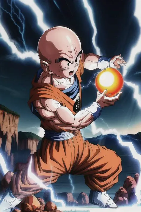 masterpiece, best quality,,<lora:GoodHands-vanilla:0.8> <lora:anmnr01:0.3> <lora:add_detail:0.5> ,<lora:kuririn_v0_4_dadap:0.7>,kuririn,,petite,bald,forehead mark,rocky place,bend down, <lora:Kamehameha_V1:0.7>,Kamehameha, look at viewer, energy ball, electricity, aura,charging