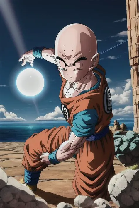 masterpiece, best quality,,<lora:GoodHands-vanilla:0.8> <lora:anmnr01:0.3> <lora:add_detail:0.5> ,petite,1man,<lora:kuririn_v0_4_dadap:0.7>,kuririn,bald,barren wasteland,rocky place,dyanmic angle,(raise one arm up,cyan energy ball on palm), bend down,<lora:Kamehameha_V1:0.6>