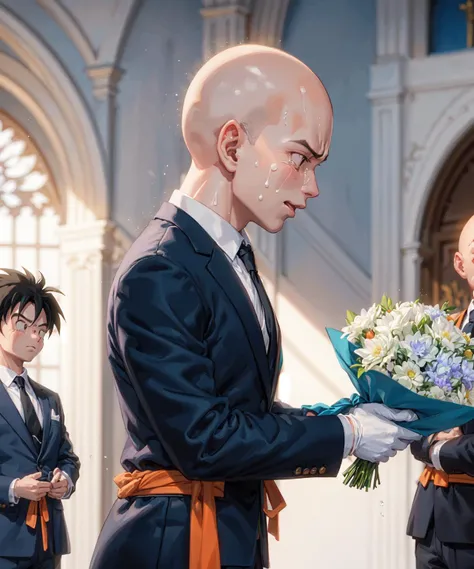 bald, orange dougi, orange pants, blue wristbands, blue sash, black flats, white socks, patch, sleeveless
clothes writing, brown gloves, medium breastsï¼ flower, white flower, formal, son goku, bald, holding, crying, holding flower, suit, necktie, bouquet, multiple boys, vegeta, tears, backlighting, black jacket, shirt, profile, crying with eyes open, jacket, black necktie, holding bouquet, black eyes, solo focus, white shirt, long sleeves, upper body, from side, black suit, closed mouth, tears, in church ï¼ <lora:kuririn_v0_4_dadap:0.8>