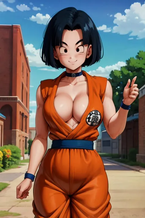 8k, masterpiece, best quality, a stunning photo with beautiful saturation by Emily Soto,kuririn, 1girl, solo, black hair, smile, cleavage,orange dougi,cowboy shot, looking at viewer,orange pants, grassfields, building,blue sash,(medium breasts),bluechoker