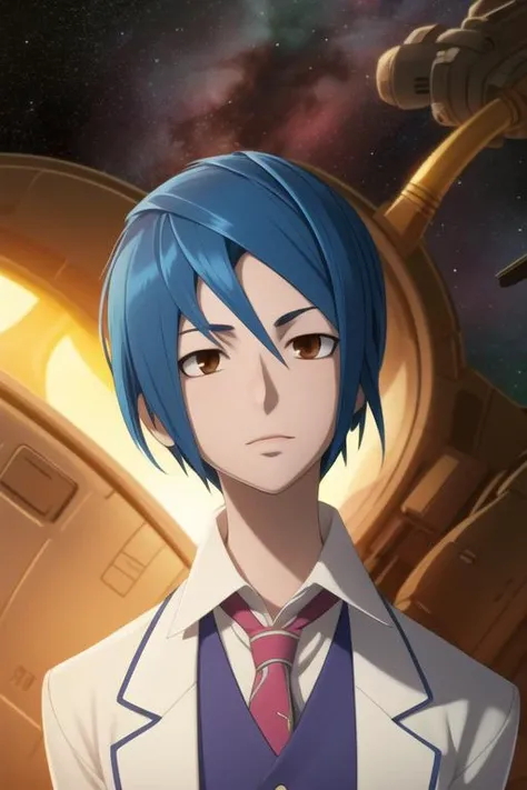 masterpiece, best quality, wallpaper, 1boy, solo, male focus, looking at viewer, upper body, , <lora:sugata_shindou:0.74>, sugata_shindou, blue hair, brown eyes, , science fiction space western,