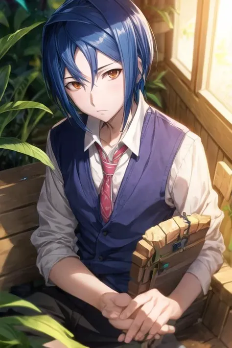 masterpiece, best quality, illustration, 1boy, solo, male focus, looking at viewer, , depth of field, <lora:sugata_shindou:0.74>, sugata_shindou, blue hair, brown eyes, , , Shambhala: A hidden paradise where enlightened beings live in perfect harmony,