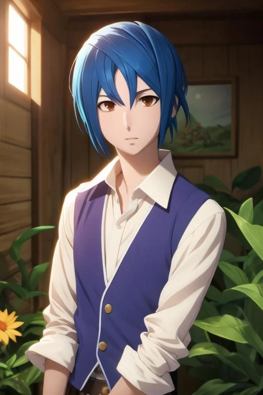 masterpiece, best quality, game cg, 1boy, solo, male focus, looking at viewer, upper body, depth of field, <lora:sugata_shindou:0.74>, sugata_shindou, blue hair, brown eyes, , A fairytale land where magical creatures live and thrive,