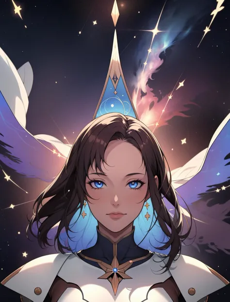 Style-GravityMagic, portrait, solo, upper body, looking at viewer, detailed background, detailed face, (warhammer 40k theme:1.1) (glowing eyes:1.05), living star constellation, zodiac, horoscope, calm composure, pisces, geometric symbolism, celestial energy, nebula, glow, aura, symmetry, floating particles, cosmic dust, backlighting, cosmic space background, esoteric atmosphere,