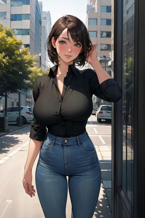 (masterpiece, best quality, hyperrealistic:1.3), ultra high resolution, natural shading, soft light, clean skin, illustration, street, tree, pavement, high-rise building, perfect eyes, milf, mature woman, brown short hair, green eyes, seductive eyes, seductive smile on lip, blushing, large breasts, wide hip, thick thigh, white collared shirt, jeans, from front