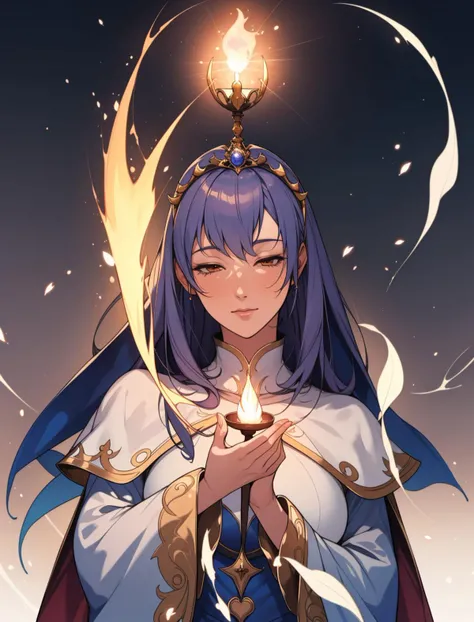 portrait, (bloody scars:0.7), looking down, solo, upper body, detailed background, (victorian theme:1.1) glowing eyes, benign, light fantasy, cleric, casting light spell, hovering in air, nature, floating light particles, dark orange cape, magic candle, divine spell, mana, bright realistic lighting, heavenly landscape in background, peaceful atmosphere, brazier, tiara of light hovering above head,