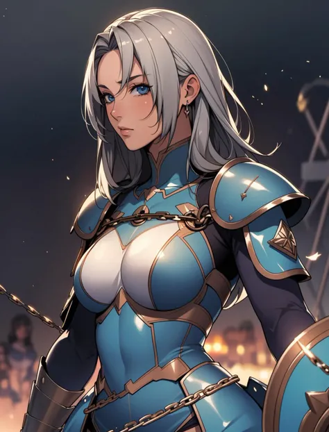 portrait, solo, half shot, looking at viewer, detailed background, detailed face, (<lyco:DecorationBundlev2:0.6>, SilverSapphireAI theme:1.1), gladiator, charging, determined, chains, net, dark green gladiator armor, arena in background, (crowd cheering in background:0.7), blood, sunshine, legendary gladiatorial atmosphere,