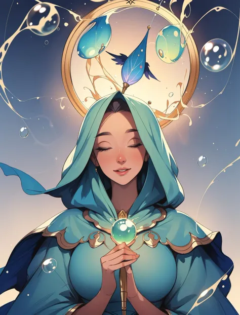 (style-swirlmagic:0.8), portrait, solo, upper body, looking up, detailed background, detailed face, (<lora:CulturePunkBundle:0.5>, fairytaleai, fairytale theme:1.1), bubble-mage, happy, casting spell, light green mage robes, surrounded by bubbles, reflections, harmonious, bubbles in background, dazzling colors, bright colorful lighting, whirlwind, ethereal atmosphere,, <lora:sam_yang_offset_right_filesize:0.75>