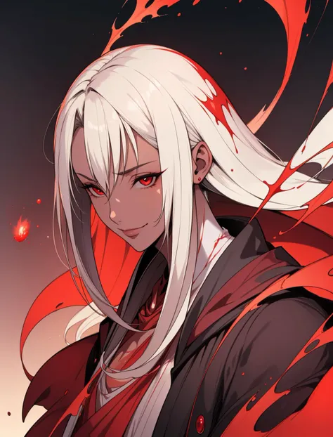 Style-GravityMagic, portrait, looking down, solo, half shot, detailed background, detailed face, blood red eyes, pale complexion, blood mage, crimson spellcaster robes, dynamic movement, smirk, crimson blood swirling in the air, floating particles, blood droplets, scarlet color scheme, hemomancy, blood spatters, blood-red flames, in background, scarlet fog, sunset, symmetrical composition, epic atmosphere,
