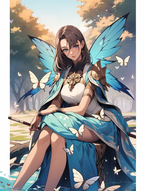 Style-GravityMagic, solo, (full body:0.6), looking at viewer, detailed background, detailed face, (<lyco:CulturePunkBundle-000007:0.5>, zulupunkai, zulu theme:1.1) botanical-champion, leaf armor, harmony of flowers with armor, sitting, stoic, green magical markings on skin, overgrown forestfloating particles, blooming river in background, spring, butterflies, magical haze, filtered light, mystical atmosphere,