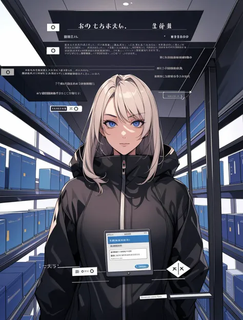 looking at viewer, solo, upper body, detailed background, detailed face, (<lyco:DecorationBundlev2:0.6>, CircuitBoardAI, electronic theme:1.1) evil high-tech futuristic hacker, advanced technology, coat, techwear, keycard, head-up display, (holographic display:1.05), encoded text, computer, graph, server room in background, blue lights, dark sinister atmosphere, shadows,