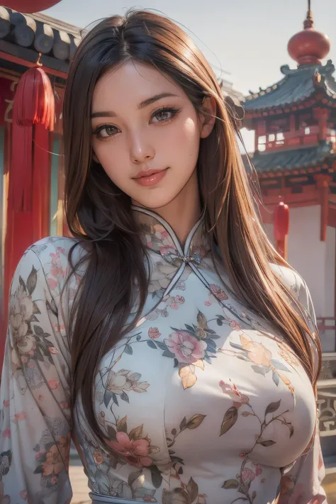 (masterpiece:1.3), (best quality:1.3), 8k, highres, intricate detailed, highly detailed, detailed background, depth of field, hdr, raw photo, sharp focus, film grain, tilt camera, perspective, 1girl, solo, beautiful woman, teenage, 18 years old, long hair, black hair, brown eyes, (long eyelashes:1.3), (eyeshadow:1.3), blush, gloss lips, (smirk:1.3), large breasts, sexy body, cheongsam, looking at viewer, tempting pose, standing, outdoors, chinese temple, chinese shrine, chinese pagoda, forbidden palace, sceneery