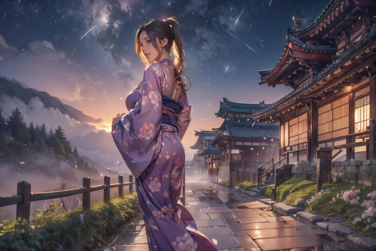 (masterpiece:1.3), (best quality:1.3), 8k, highres, intricate detailed, highly detailed, detailed background, depth of field, hdr, raw photo, sharp focus, film grain, tilt camera, perspective, full body shot, looking back over shoulder, 1girl, solo, beautiful woman, mature female,ponytail, blonde hair, brown eyes, (long eyelashes:1.3), (eyeshadow:1.3), blush, gloss lips, (smirk:1.3), large breasts, curvy body, yukata, looking at viewer, strolling in japanese village, outdoors, cherry blossom tree, falling petals, japanese castle, japanese architecture, east asian architecture, scenery, landscape, foggy, nighttime, dark atmosphere, starry sky