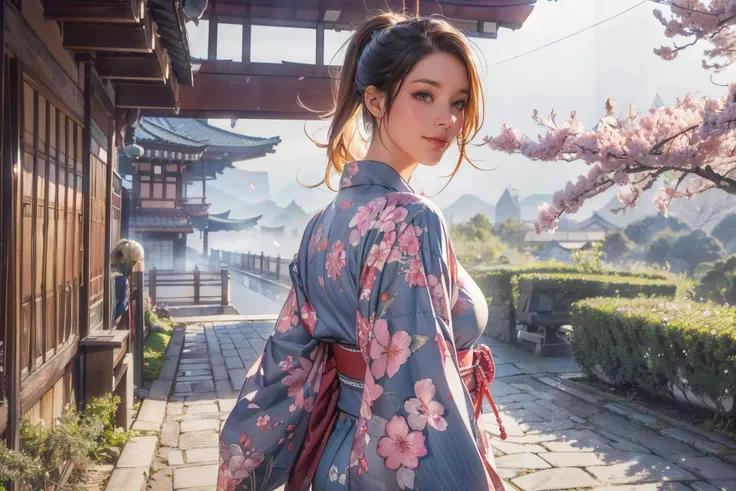 (masterpiece:1.3), (best quality:1.3), 8k, highres, intricate detailed, highly detailed, detailed background, depth of field, hdr, raw photo, sharp focus, film grain, tilt camera, perspective, full body shot, looking back over shoulder, 1girl, solo, beautiful woman, mature female,ponytail, blonde hair, brown eyes, (long eyelashes:1.3), (eyeshadow:1.3), blush, gloss lips, (smirk:1.3), large breasts, curvy body, yukata, looking at viewer, strolling in japanese village, outdoors, cherry blossom tree, falling petals, japanese castle, japanese architecture, east asian architecture, scenery, landscape, foggy, nighttime, dark atmosphere, starry sky