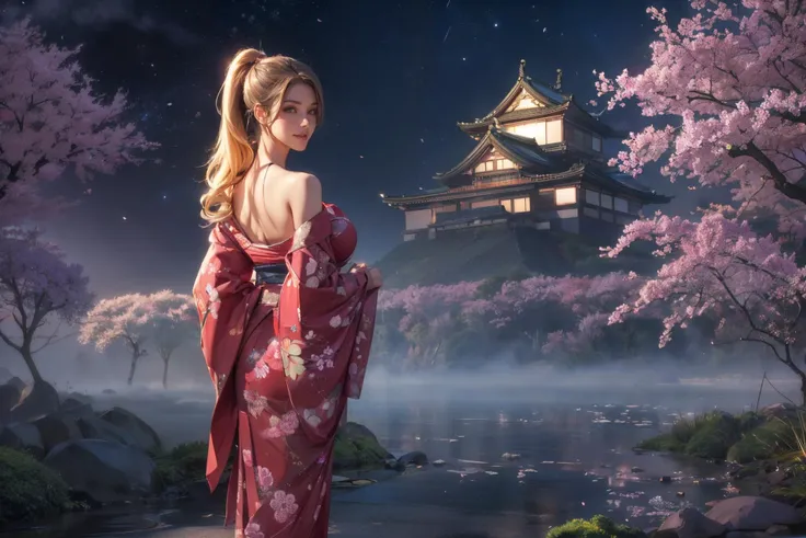 (masterpiece:1.3), (best quality:1.3), 8k, highres, intricate detailed, highly detailed, detailed background, depth of field, hdr, raw photo, sharp focus, film grain, tilt camera, perspective, full body shot, looking back over shoulder, 1girl, solo, beautiful woman, mature female,ponytail, blonde hair, brown eyes, (long eyelashes:1.3), (eyeshadow:1.3), blush, gloss lips, (smirk:1.3), large breasts, curvy body, yukata, looking at viewer, strolling in japanese village, outdoors, cherry blossom tree, falling petals, japanese castle, japanese architecture, east asian architecture, scenery, landscape, foggy, nighttime, dark atmosphere, starry sky