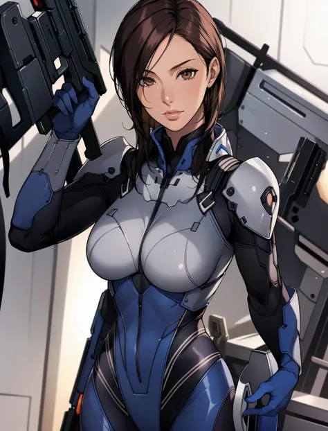 AshleyME, 1girl, solo, looking at viewer, brown hair, black hair, gloves, brown eyes, weapon, lips, gun, bodysuit, science fiction, realistic <lora:AshleyME:0.7>