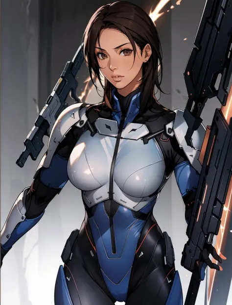 AshleyME, 1girl, solo, looking at viewer, brown hair, black hair, gloves, brown eyes, weapon, lips, gun, bodysuit, science fiction, realistic <lora:AshleyME:0.7>