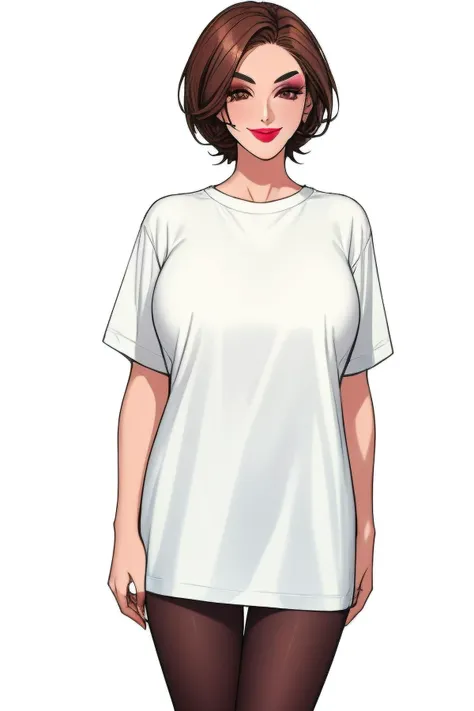 female,mature_female,mature,milf,short hair,brown hair,lipstick,eyeshadow,long_eyelashes,makeup,short eyebrows,brown eyes,round face,thin,slender,fair_skin,smile,look at the audience,white_background,oversize t-shirt,black_pantyhose,