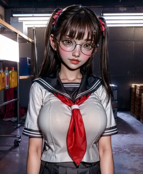 (((masterpiece))),  ((intricate detailed)), best quality, masterpiece, ultra high res, 8K, raw, (photo realistic:1.4), professional lighting, 18yo, (huge breasts:1.2), Don't tuck your clothes into your skirt, 1girl, solo, glasses, brown eyes, school uniform, looking at viewer, skirt, breasts, brown hair, indoors, serafuku, hair ornament, hair ribbon, long hair, ribbon, pleated skirt, realistic, hairclip, sailor collar, neckerchief, bangs, short sleeves, pink ribbon, black skirt, shirt, lips, white shirt, upper body, red neckerchief, twintails, large breasts, two side up, closed mouth, medium breasts,  <lora:add_detail:1>