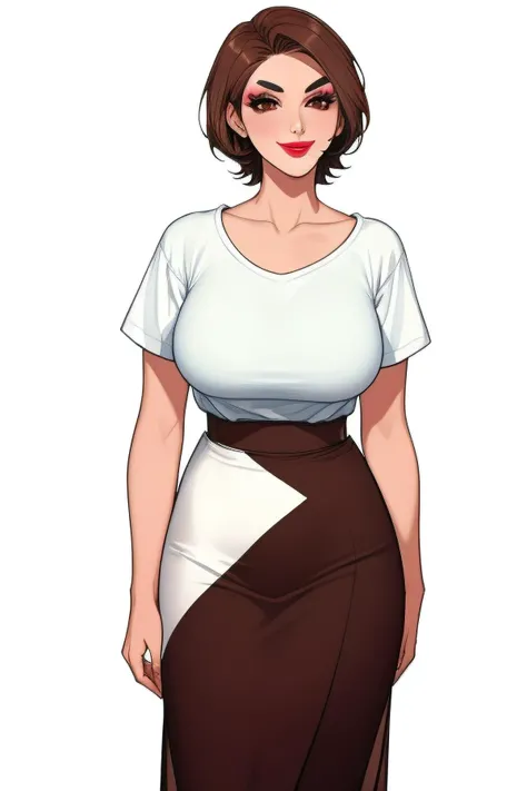 female,mature_female,mature,milf,short hair,brown hair,lipstick,eyeshadow,long_eyelashes,makeup,short eyebrows,brown eyes,round face,thin,slender,fair_skin,smile,look at the audience,white_background,oversize t-shirt,