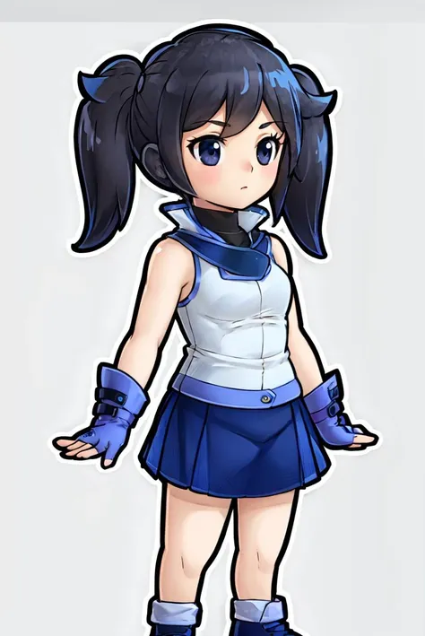 (masterpiece, best quality, beautiful detailed eyes, intricate details), 4k
1girl, solo, standing, full body, simple background, 
low twintails, black hair, 
 <lora:obuniform:0.8> obuniform, sleeveless, bare shoulders, blue skirt, white jacket
<lora:PaperMario:0.7> chibi, black eyes