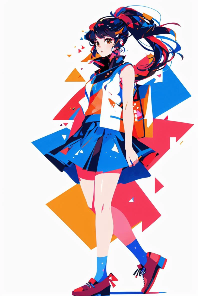 (masterpiece, best quality, beautiful detailed eyes, intricate details), 4k
1girl, solo, standing, full body, simple background,
ponytail, brown hair, brown eyes,
<lora:obuniform:0.8> obuniform, sleeveless, bare shoulders, blue skirt, white jacket
<lora:geometric_shapes:1>