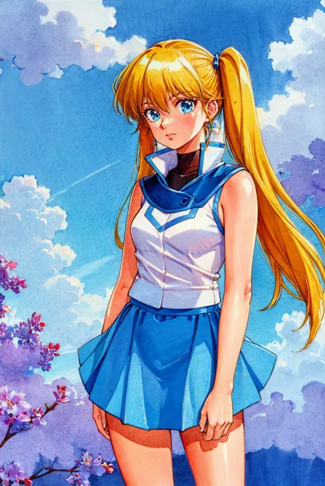 (masterpiece, best quality, beautiful detailed eyes, intricate details), 4k
1girl, solo, standing, full body, simple background, 
long twintails, blonde hair,  blue eyes, 
 <lora:obuniform:0.8> obuniform, sleeveless, bare shoulders, blue skirt, white jacket
 <lora:takada_akemi_offset:0.8> takada akemi, painting \(medium\), retro artstyle, traditional media, watercolor \(medium\), 1980s \(style\)