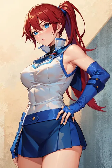 (masterpiece, best quality, beautiful detailed eyes, intricate details), 4k
1girl, solo, standing, cowboy shot
ponytail, red hair, blue eyes, <lora:obuniform:0.8> obuniform, sleeveless, bare shoulders, elbow gloves, blue gloves, fingerless gloves, blue skirt, white jacket, blue footwear, boots