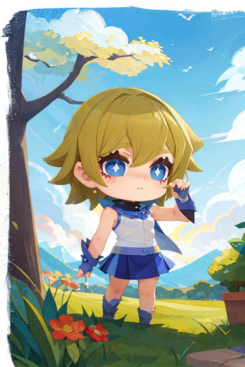 (masterpiece, best quality, beautiful detailed eyes, intricate details), 4k
1girl, solo, standing, full body, grass
bangs, brown hair, green,
<lora:obuniform:0.8> obuniform, sleeveless, bare shoulders, blue skirt, white jacket
<lora:style_onmyoji:1> border, chibi