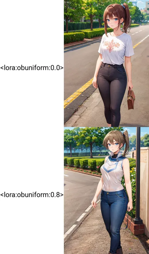 (masterpiece, best quality, beautiful detailed eyes, intricate details), 4k
1girl, solo, standing, full body, outdoors, day
side ponytail, brown hair, blue eyes, t-shirt, pants
<lora:obuniform:0.0>