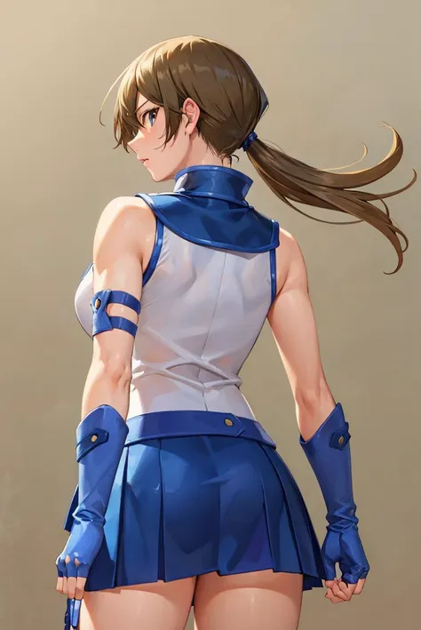 (masterpiece, best quality, beautiful detailed eyes, intricate details), 4k
1girl, solo, standing, cowboy shot, from behind
ponytail, brown hair, black eyes, <lora:obuniform:0.8> obuniform, sleeveless, bare shoulders, elbow gloves, blue gloves, fingerless gloves, blue skirt, white jacket, blue footwear, boots