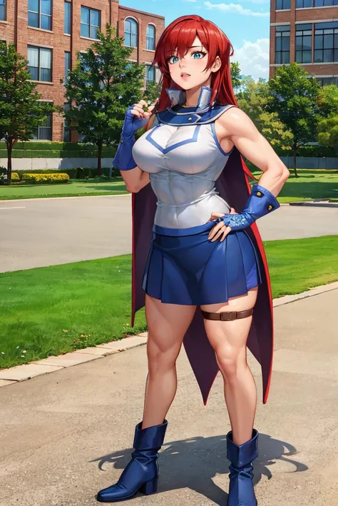 (masterpiece, best quality, beautiful detailed eyes, intricate details), 4k
1girl, solo, standing, full body, school, courtyard, outdoors, day
<lora:RedSonja_V1-Manityro:1> rsonj, thigh strap, (cloak:1.1), (toned, muscular:1.2), abs
<lora:obuniform:0.8> obuniform, sleeveless, bare shoulders, elbow gloves, blue gloves, fingerless gloves, blue skirt, white jacket, blue footwear, boots