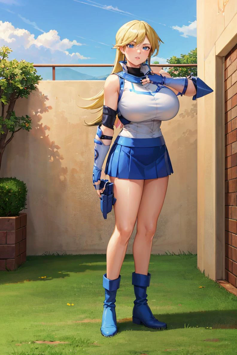 (masterpiece, best quality, beautiful detailed eyes, intricate details), 4k
1girl, solo, standing, full body, school, courtyard, outdoors, day
<lora:angel-st2-richy-v1:1> st2angel, huge breasts, elbow pads, fingerless gloves, holster
<lora:obuniform:0.8> obuniform, sleeveless, bare shoulders, elbow gloves, blue gloves, fingerless gloves, blue skirt, white jacket, blue footwear, boots