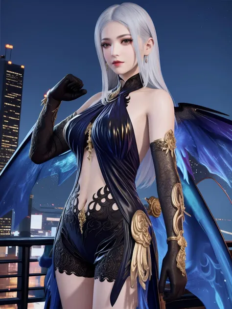 <lora:yjwjJYYyemeiyouying_20230728161230:0.75>,1girl,mature female, looking at viewer, cityscape, night,gloves,navel,elbow gloves, dress,jewelry, cowboy shot, wings,