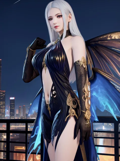 <lora:yjwjJYYyemeiyouying_20230728161230:0.75>,1girl,mature female, looking at viewer, cityscape, night,gloves,navel,elbow gloves, dress,jewelry, cowboy shot, wings,