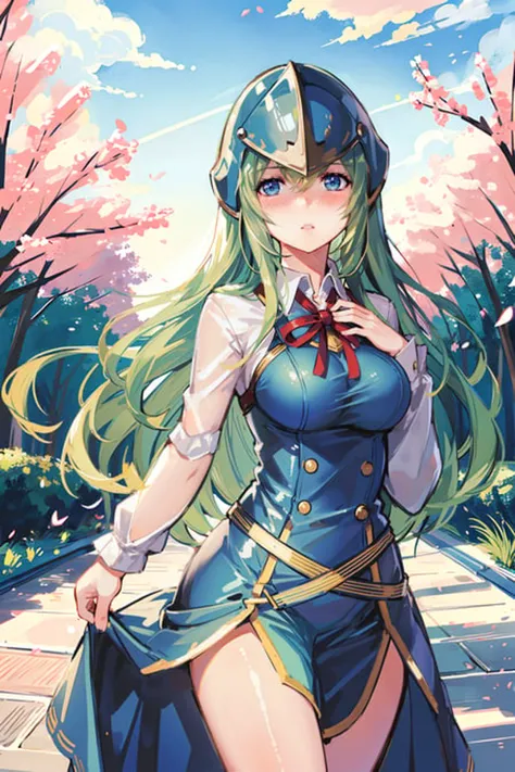 1girl, outdoor, forest, sky, nephenee, looking at viewer, blush, parted lips, nervous, helmet, white shirt, blue skirt, closed mouth, large breasts,