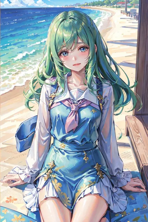 1girl, solo, nephenee, blush, smile, closed mouth, lips, moist lips, {{pov}}, casul clothes, white shirt, blue skirt, outdoor, sky,